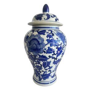 Chinoiserie Ginger Jar Blue White 15"H 8"W Floral Decorative Vase Home Decor